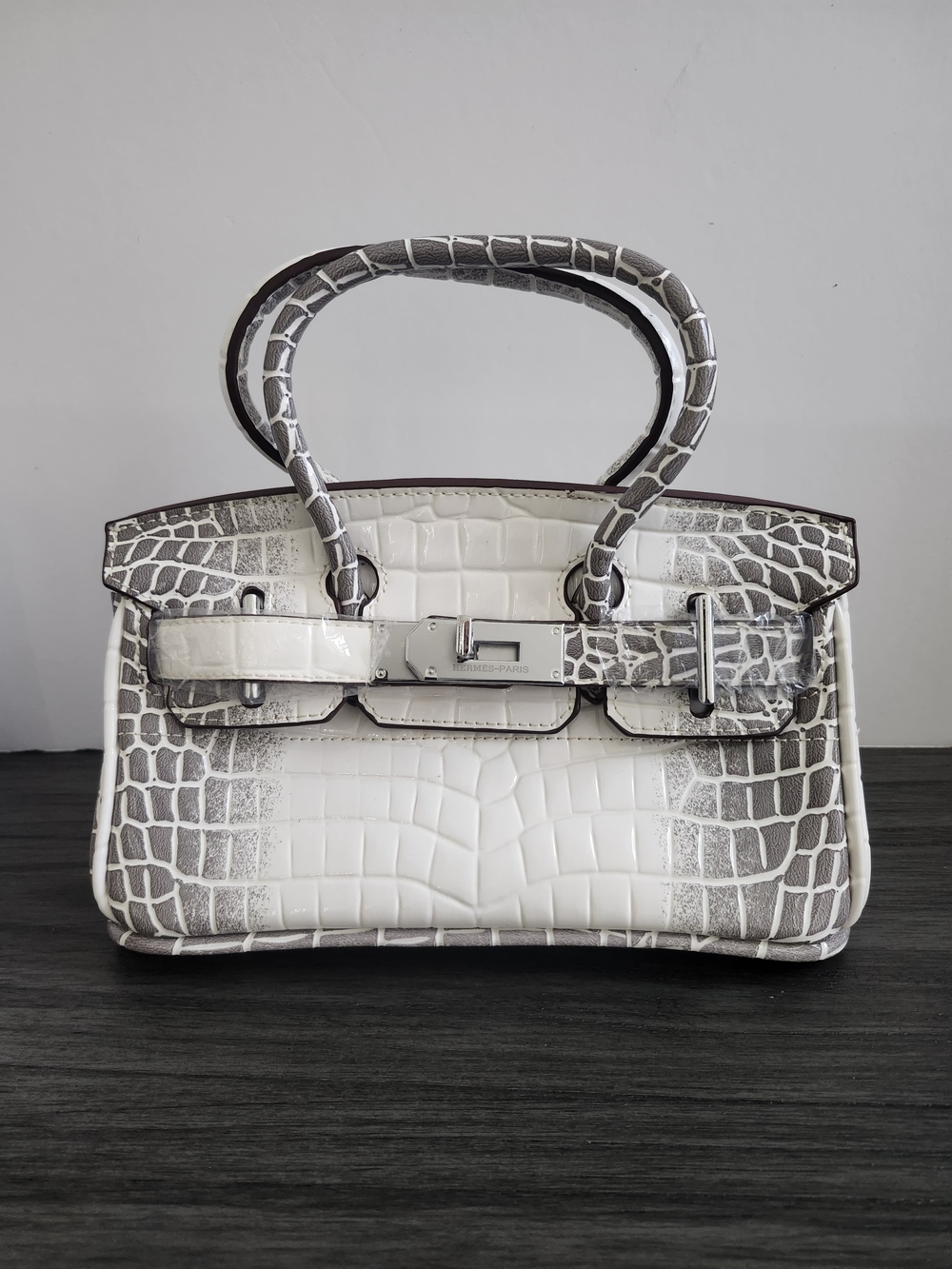 Structured Mini Top-Handle Satchel Bag Gray White Faux Leather Handbag